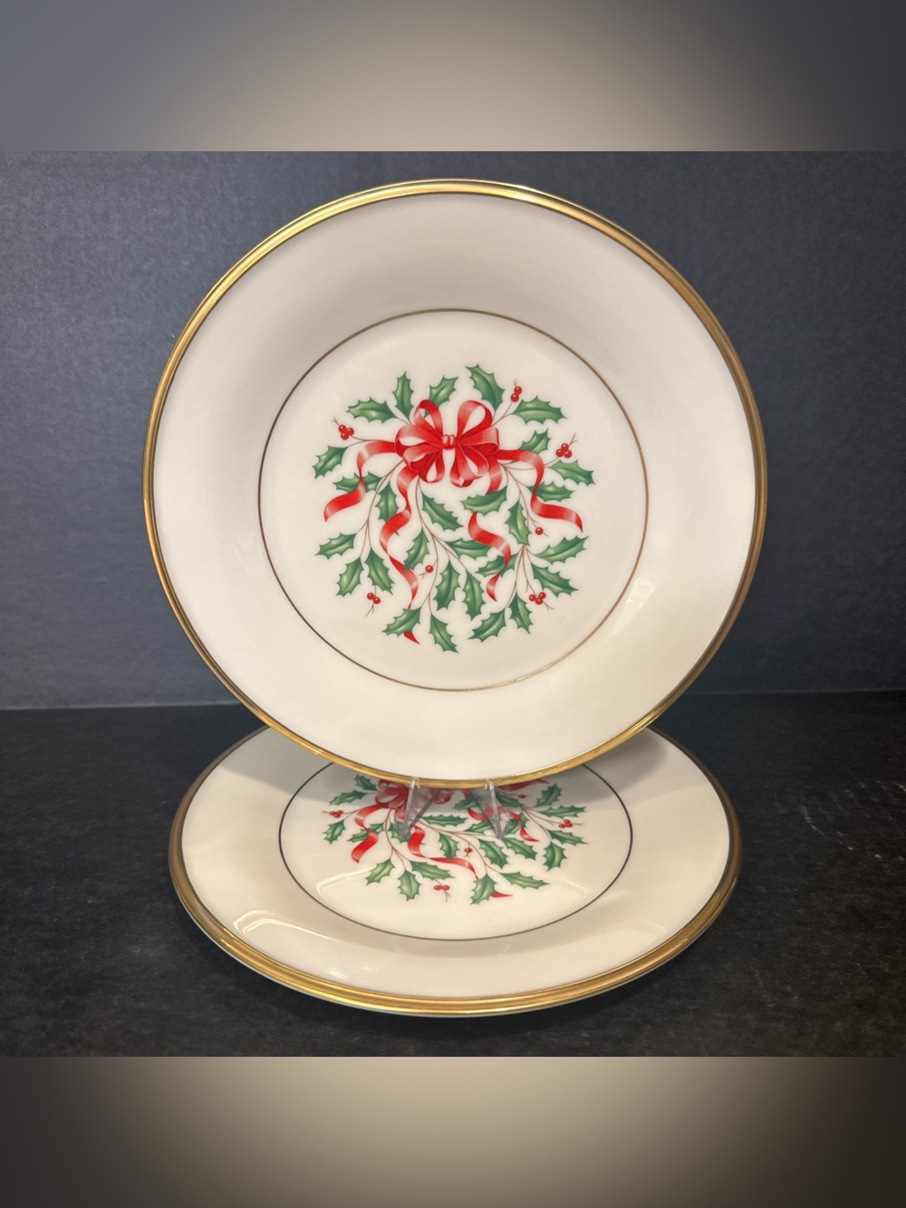 2 Vintage Lenox Holiday Gold Red Ribbon Christmas Accent Salad Plates 8 1/8" USA